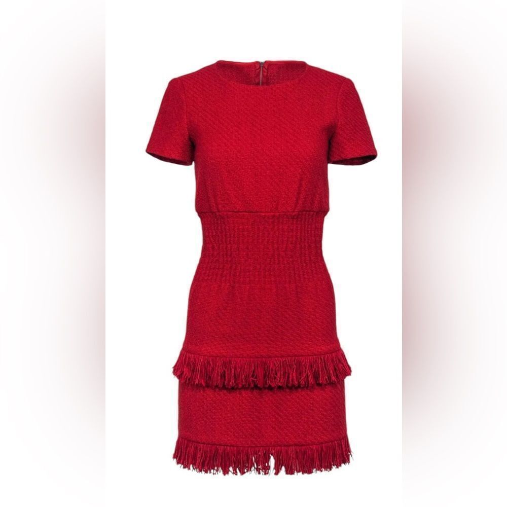 Maje - Red Woven Cotton Blend Frayed Edge Dress